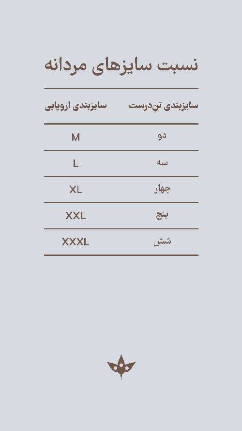 جدول سایز بندی محصولات تن درست