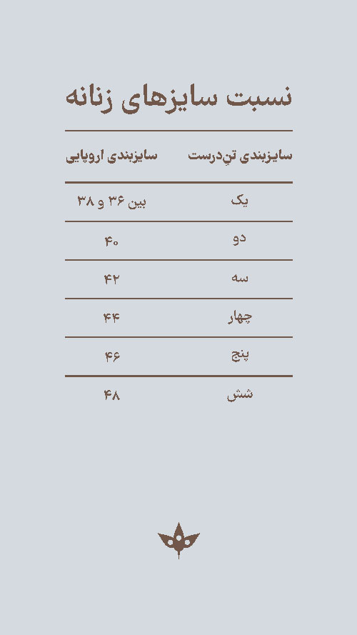 جدول سایز بندی محصولات تن درست