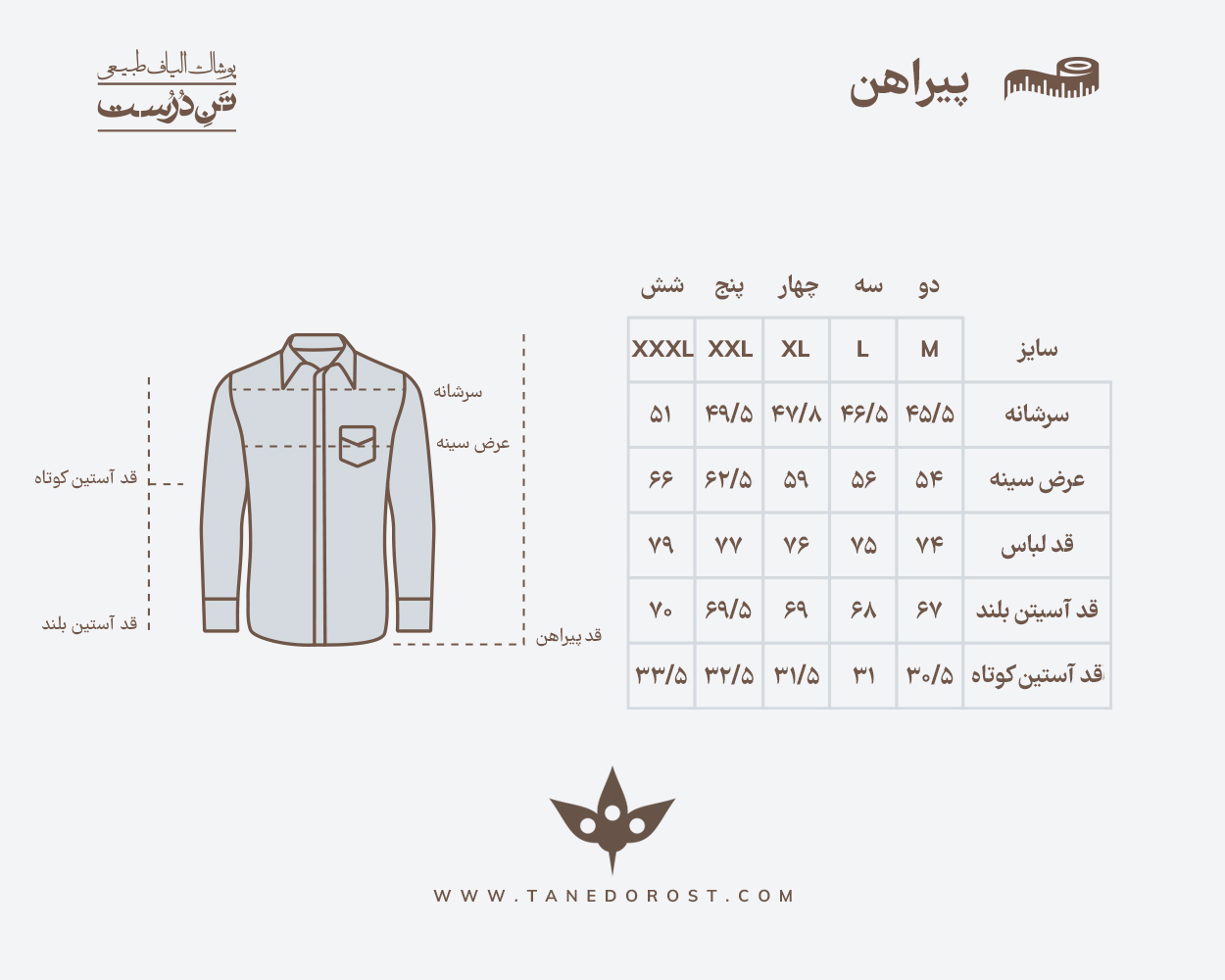 جدول سایز بندی محصولات تن درست