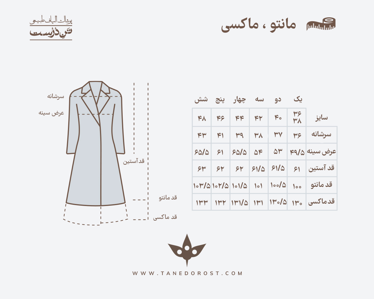 جدول سایز بندی محصولات تن درست