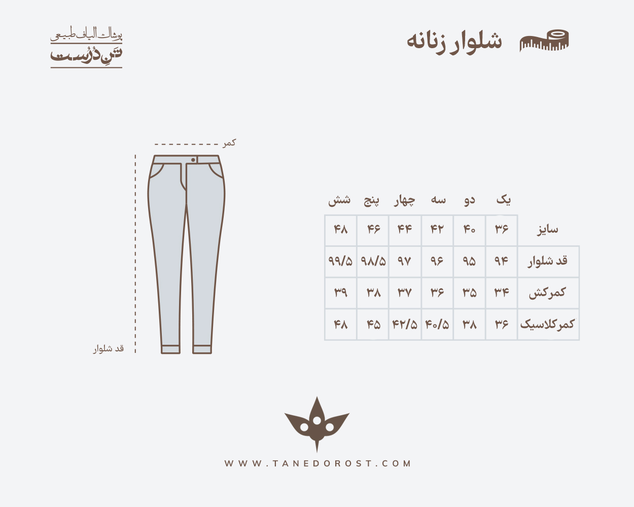 جدول سایز بندی محصولات تن درست